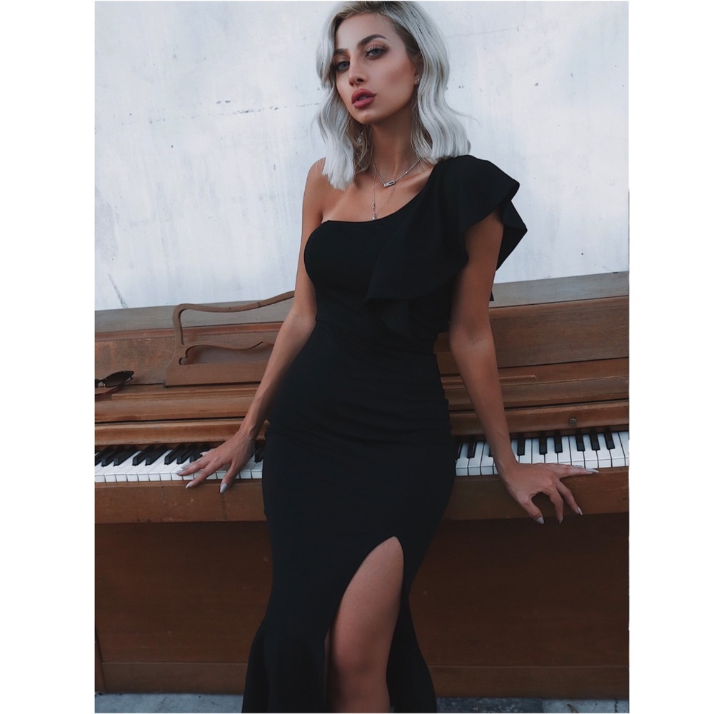 Black Ruffle Detail Leg Slit Midi Dress